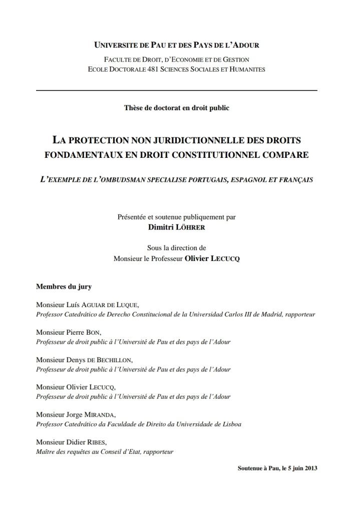 LA PROTECTION NON JURIDICTIONNELLE DES DROIT SFONDAMENTAUX EN DROIT CONSTITUTIONNEL COMPARE