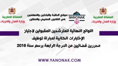 اللوائح النهائية للمترشحين المقبولين لاجتياز الإختبارات الكتابية لمباراة توظيف محررين قضائيين من الدرجة الرابعة برسم سنة 2016