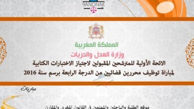 للائحة الأولية للمترشحين المقبولين لاجتياز الاختبارات الكتابية لمباراة توظيف محررين قضائيين من الدرجة الرابعة برسم سنة 2016